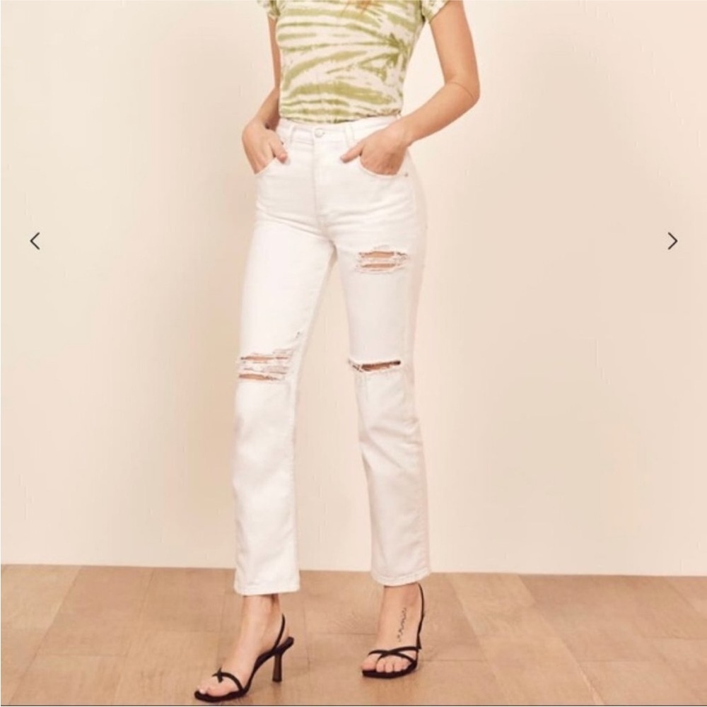 Reformation Cynthia High Rise Relaxed White Wash Destroyed Distressed Jeans 28